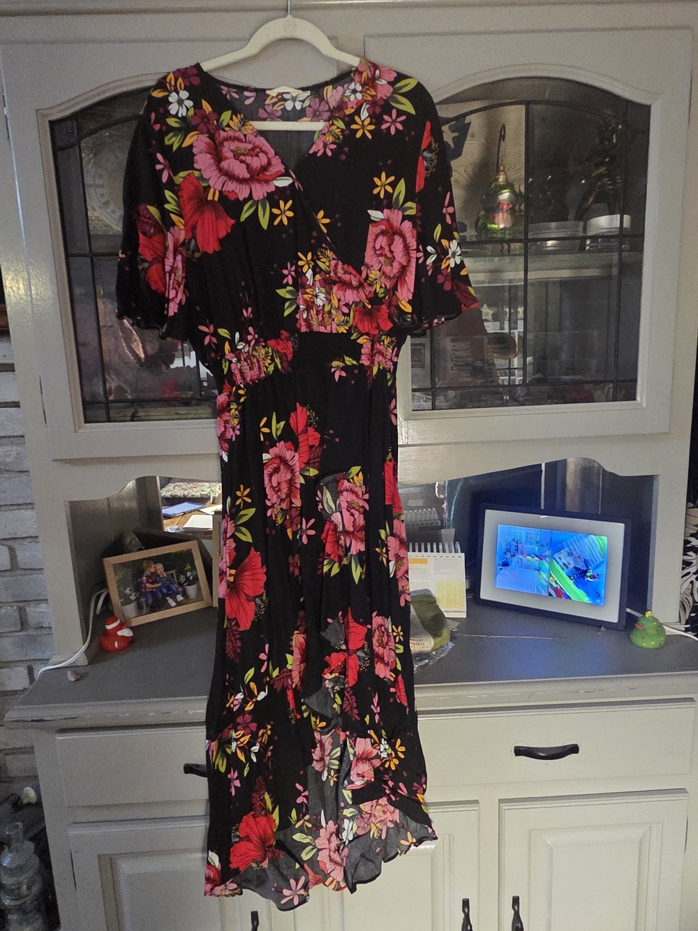 Black Asymmetrical Floral Midi Dress with Pink & Red Blooms